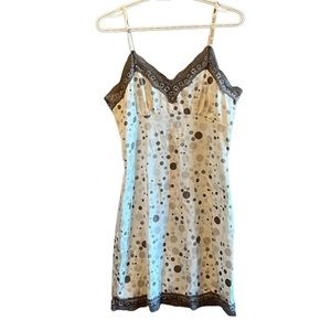 🌟HP Vintage Polka Dot Lace Trim Strech Satin Slip Dress Ivory Grey White Size S
